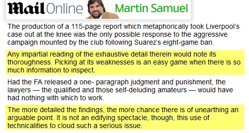 Martin Samuel on Suarez, Daily Mail, 4/1/12
